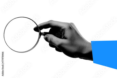 Trendy hand holding a magnifying glass, cutout hand halftone design element