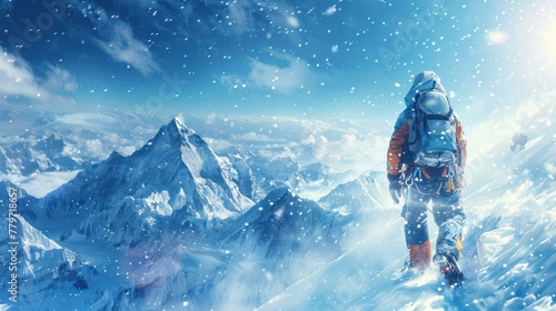The ice climber is dressed in ice climbing gear, surrounded by pristine white snow, while snowflakes gently fall around them, all set against a wide vista of mountain peaks. photo