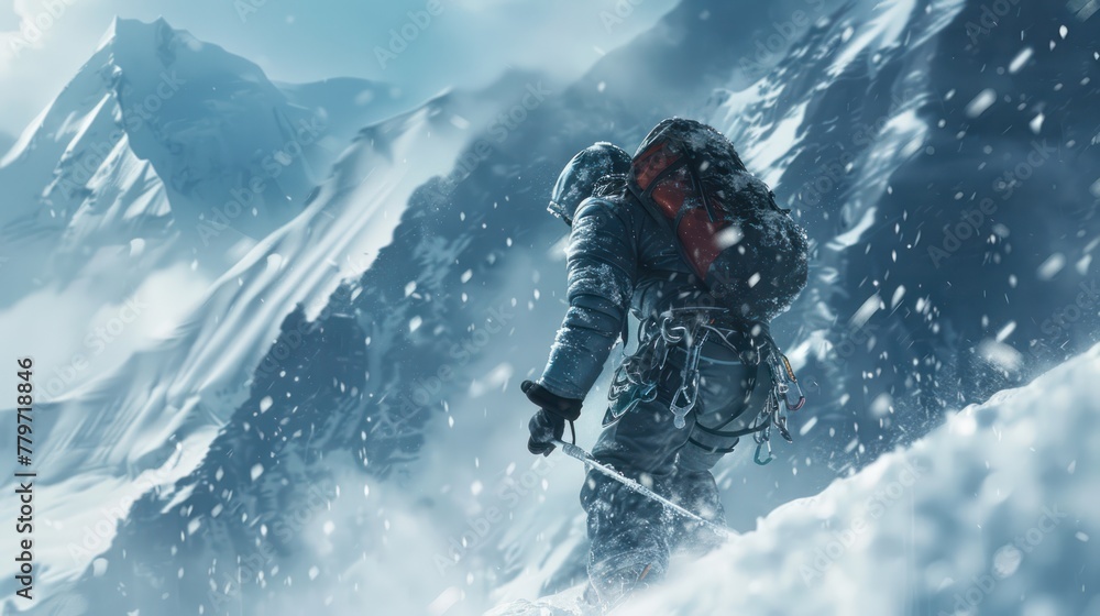 The ice climber is dressed in ice climbing gear, surrounded by pristine white snow, while snowflakes gently fall around them, all set against a wide vista of mountain peaks. The ice climber is dressed in ice climbing gear, surrounded by pristine white snow, while snowflakes gently fall around them, all set against a wide vista of mountain peaks.