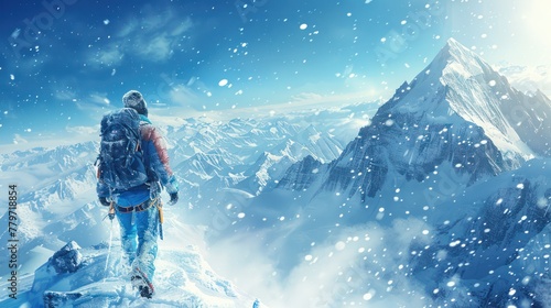 The ice climber is dressed in ice climbing gear, surrounded by pristine white snow, while snowflakes gently fall around them, all set against a wide vista of mountain peaks.