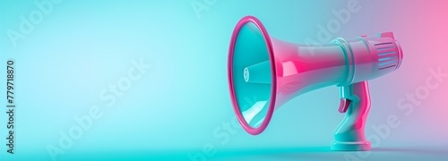 Pink and blue megaphone on a blue background, Loudspeaker speaker bullhorn alert, Advertising and business promotion template, AI generated photo