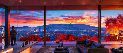 Scenic Sunset View from Modern City Apartment, Twilight Landscape with Urban Skyline, Elegant Interior Design with Window to the World photo