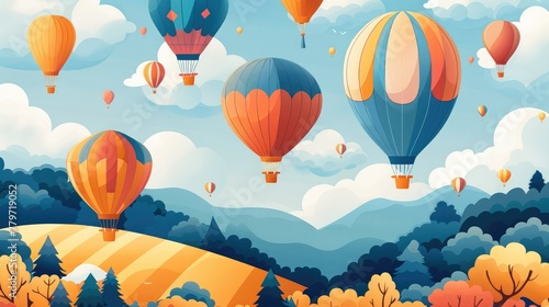 illustration pattern with hot air balloons floating over landscapes. Generative AI.