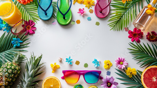 sfondo estivo per negozi , Layout piatto colorato a tema estivo con accessori per la piscina, frutti tropicali e fiori., ciabatte infradito, occhiali da sole photo