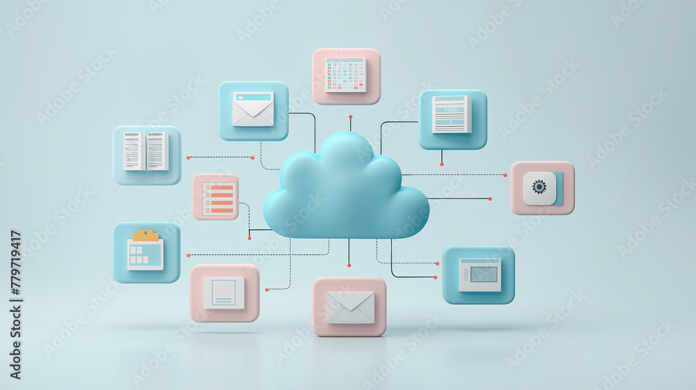 A stylized cloud connected to various data management icons on a light blue background.