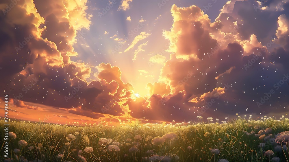 Obraz premium Beautiful paradise landscape picture, sky and clouds, nature, grass, meadow, river, wallpaper background