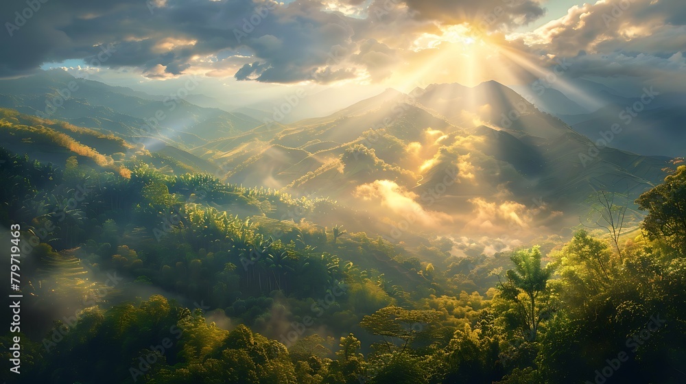 Fototapeta premium Beautiful paradise landscape picture, sky and clouds, nature, grass, meadow, river, wallpaper background