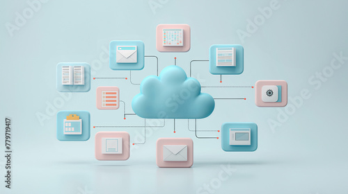 A stylized cloud connected to various data management icons on a light blue background.