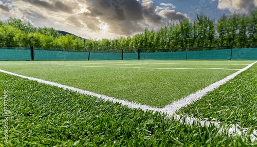 Grass Court Elegance: Detailed Close-up of Tennis Turf Before Tournament