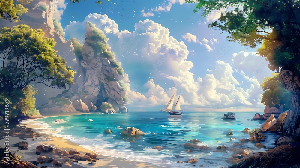 Fototapeta premium Beautiful paradise landscape picture, sky and clouds, nature, grass, meadow, river, wallpaper background