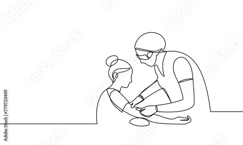 A continuous line nurse takes blood from a vein, gives an injection, and draws blood for laboratory analysis. Medical manipulation. National Nurses Day. Line art vector