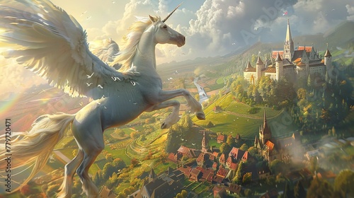 A stunning white Pegasus  soaring gracefully above a mystical castle