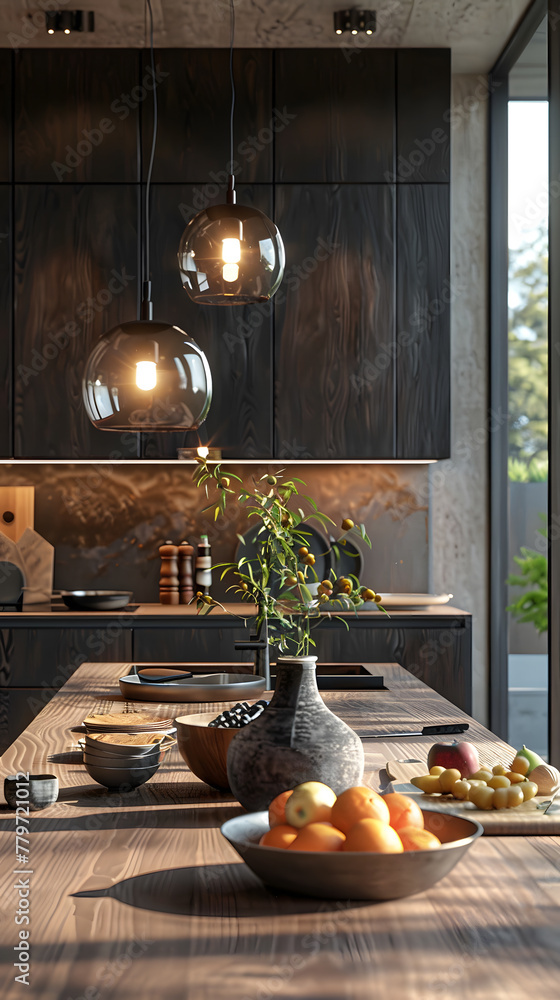 A kitchen interior design featuring a wooden table with a bowl of oranges