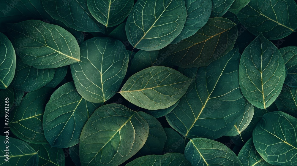 Obraz premium A mesmerizing abstract pattern inspired by fantasy, featuring a vibrant leaf in forest and moss green tones. Utilizes negative space for a minimalist look.