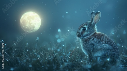 A wise rabbit gazes into the night, sitting peacefully in a moonlit meadow. Wisdom emanates from its eyes as it embraces the calmness of the night. © Thor.PJ