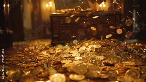 A laptop casts a soft glow in a dim room, revealing a cascade of gold coins spilling forth in a mesmerizing display of wealth and abundance.