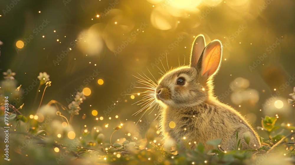 A baby rabbit in a dreamscape gazes at a sage composition with twinkling LED lights resembling guiding stars. A journey of wonder and magic begins. A baby rabbit in a dreamscape gazes at a sage composition with twinkling LED lights resembling guiding stars. A journey of wonder and magic begins.