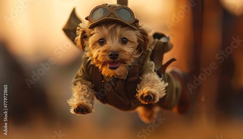 An adorable puppy in World War II soldier attire joyfully parachutes down against a pastel sky. Rule of thirds framing highlights its outspread paws in a moment of pure bliss. photo