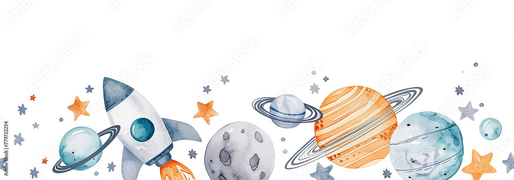 watercolor seamless border with space rocket, planets and astronaut. cute drawing for children, cartoon.