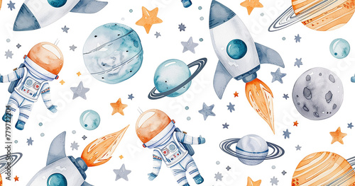 watercolor seamless pattern with space rocket, planets and astronaut. cute drawing for children, cartoon. © Татьяна Гончарук