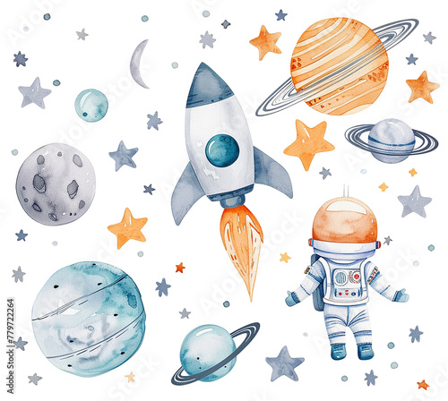 watercolor set with space rocket, planets and astronaut. cute drawing for children, cartoon. photo