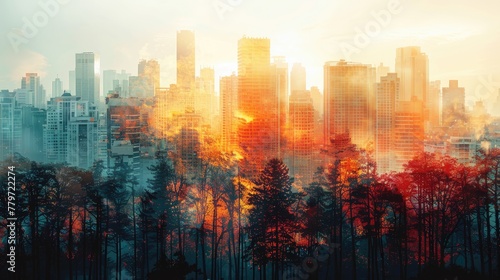 A double exposure of urban heat islands overlaid with images of urban forestry highlights the importance of mitigating heat and promoting urban greenery.