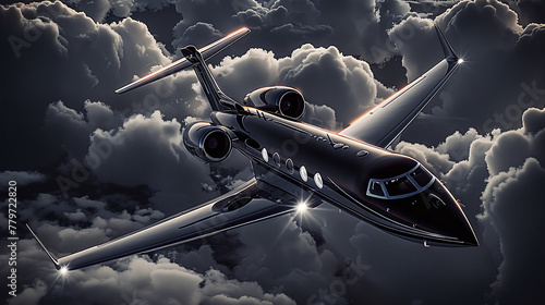luxury black and gold private jet flying over the city at night, millionaire lifestyle