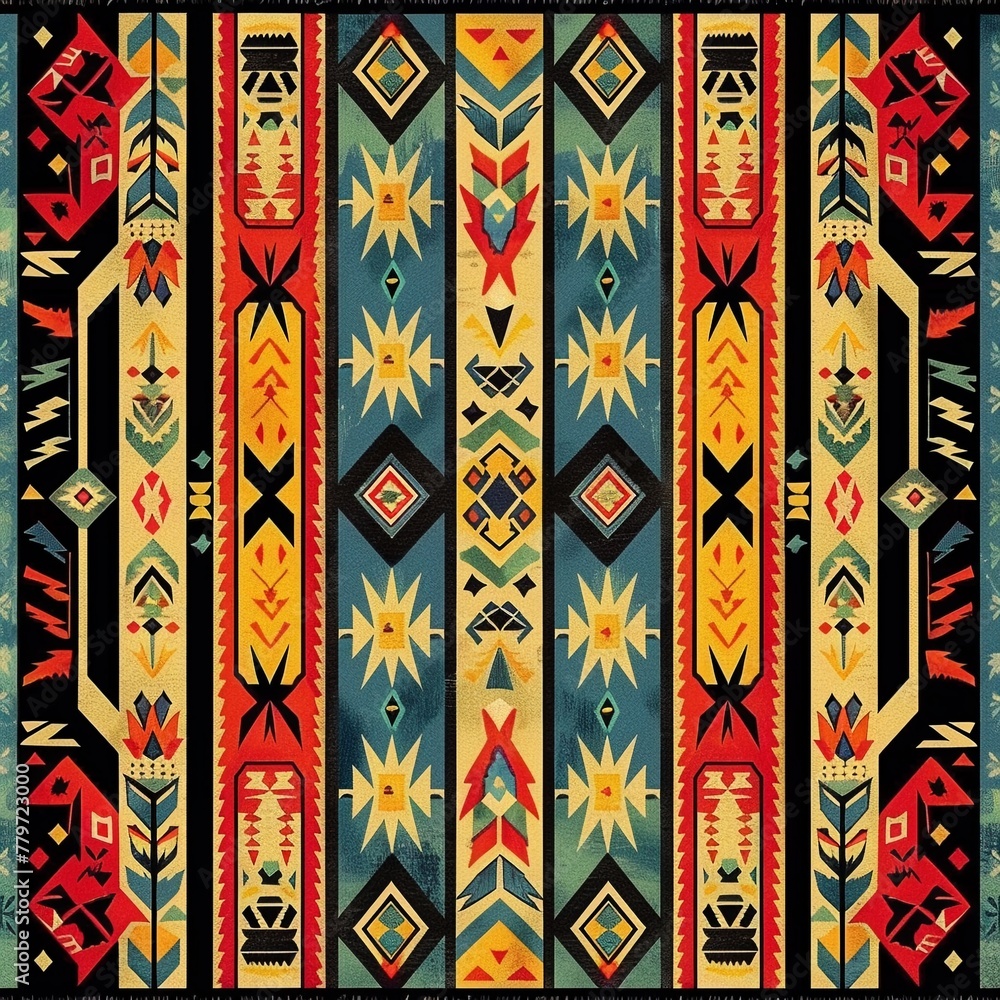 Authentic Native Indian textile pattern, with complex symbols and vibrant colors representing tribal heritage and stories ar 54