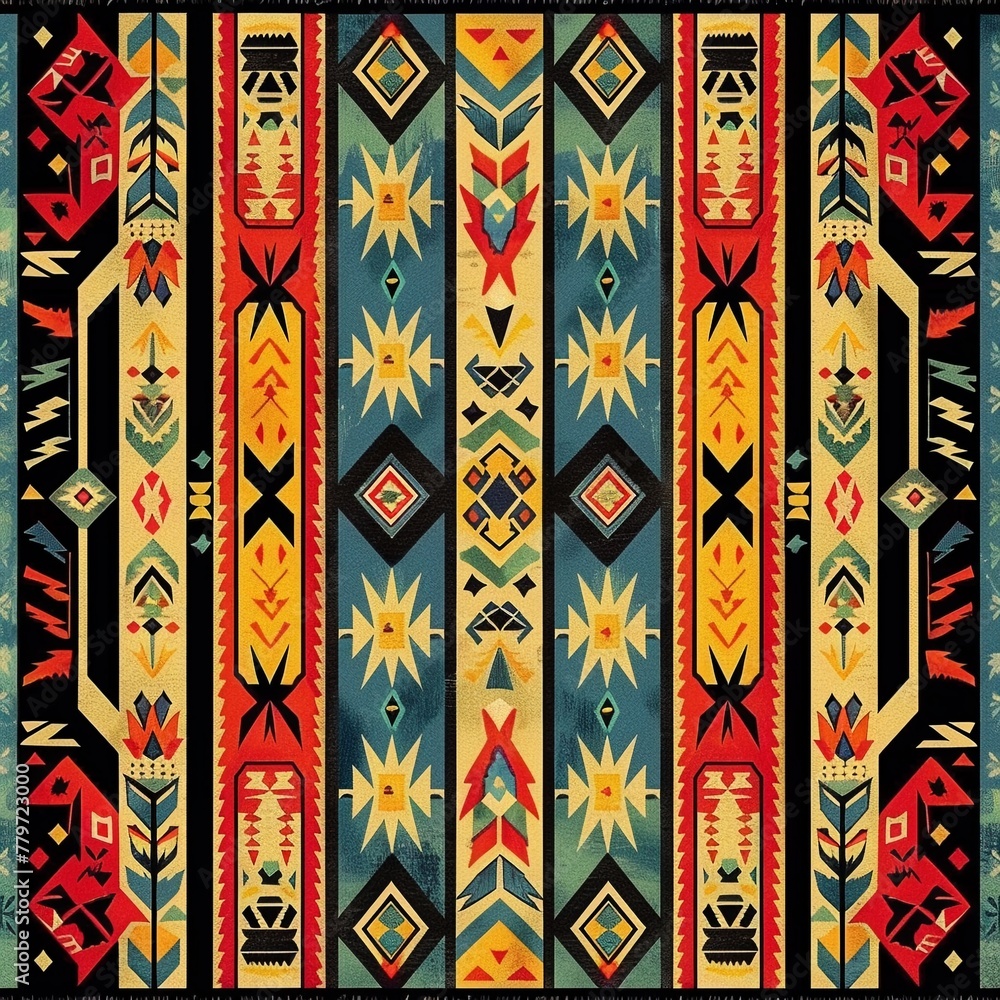 Authentic Native Indian textile pattern, with complex symbols and vibrant colors representing tribal heritage and stories ar 54 Authentic Native Indian textile pattern, with complex symbols and vibrant colors representing tribal heritage and stories ar 54