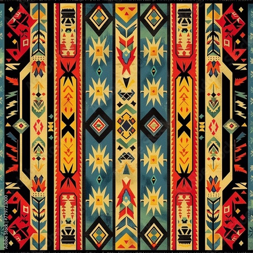 Authentic Native Indian textile pattern, with complex symbols and vibrant colors representing tribal heritage and stories ar 54