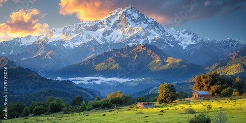 A majestic panorama of snow-capped mountains rising above a vast expanse of emerald green fields, bathed in the soft glow of the rising sun against a pastel-colored sky.