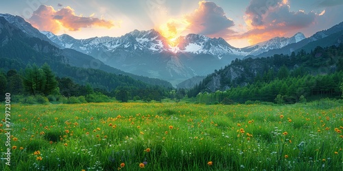 A majestic panorama of snow-capped mountains rising above a vast expanse of emerald green fields, bathed in the soft glow of the rising sun against a pastel-colored sky.