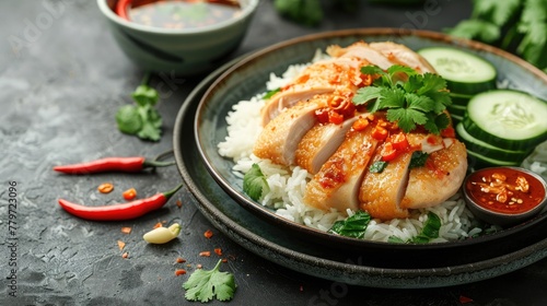 Flavorful Thai Crispy Chicken Rice Dish with Chili Sauce and Refreshing Cucumber Accents