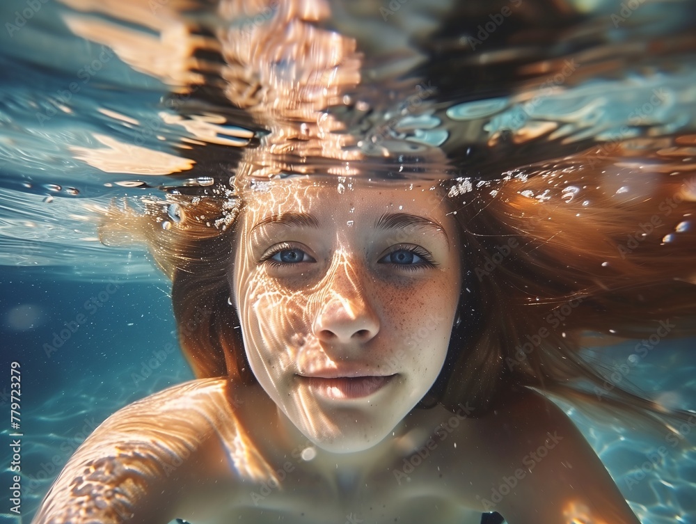 A woman is swimming underwater with her hair in a ponytail. She is smiling and looking at the camera A woman is swimming underwater with her hair in a ponytail. She is smiling and looking at the camera