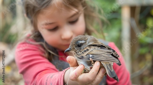 A young girl is holding a small bird in her hand