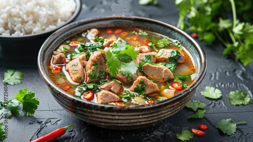 Comforting Thai Pork Soup with Fragrant Herbs and Steaming Rice in a Rustic Ceramic Bowl