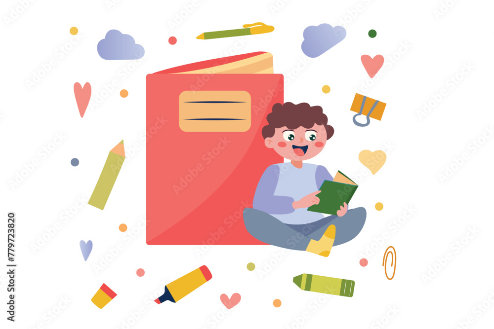 Reading concept with people scene in flat cartoon design. A happy boy is enjoying himself while reading a very interesting book. Vector illustration. Reading concept with people scene in flat cartoon design. A happy boy is enjoying himself while reading a very interesting book. Vector illustration.
