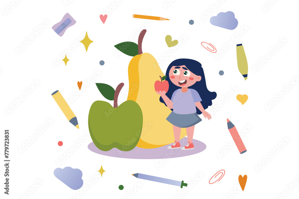 Apple concept with people scene in flat cartoon design. In this wonderful picture, a cheerful little girl wants to eat an apple during the school break. Vector illustration. Apple concept with people scene in flat cartoon design. In this wonderful picture, a cheerful little girl wants to eat an apple during the school break. Vector illustration.