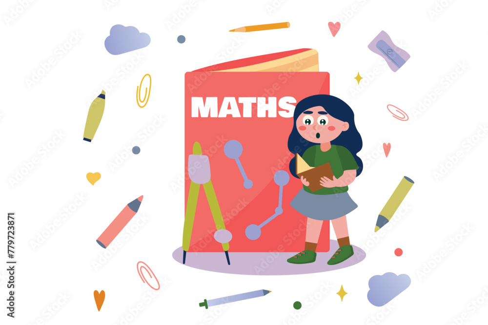 Math concept with people scene in flat cartoon design. In this image, a schoolgirl is focused on studying mathematics. Vector illustration. Math concept with people scene in flat cartoon design. In this image, a schoolgirl is focused on studying mathematics. Vector illustration.
