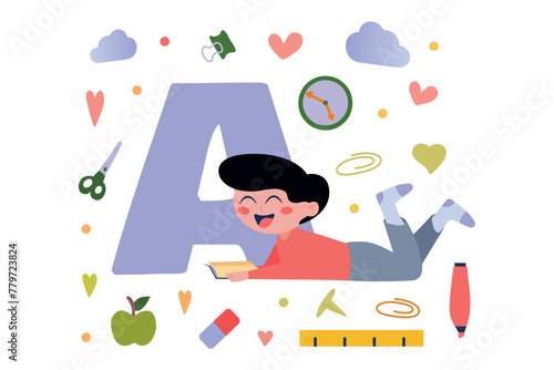 Letters concept with people scene in flat cartoon design. A happy boy is learning the alphabet and memorizing new letters. Vector illustration.