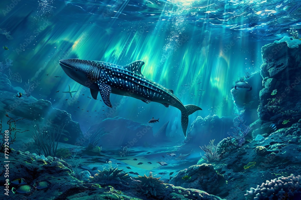 Fototapeta premium A magnificent whale gracefully swims in the deep blue ocean water, showcasing its massive size and powerful presence