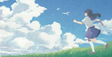 夏。入道雲と草原、夢に向かって走る女子高生のイラスト