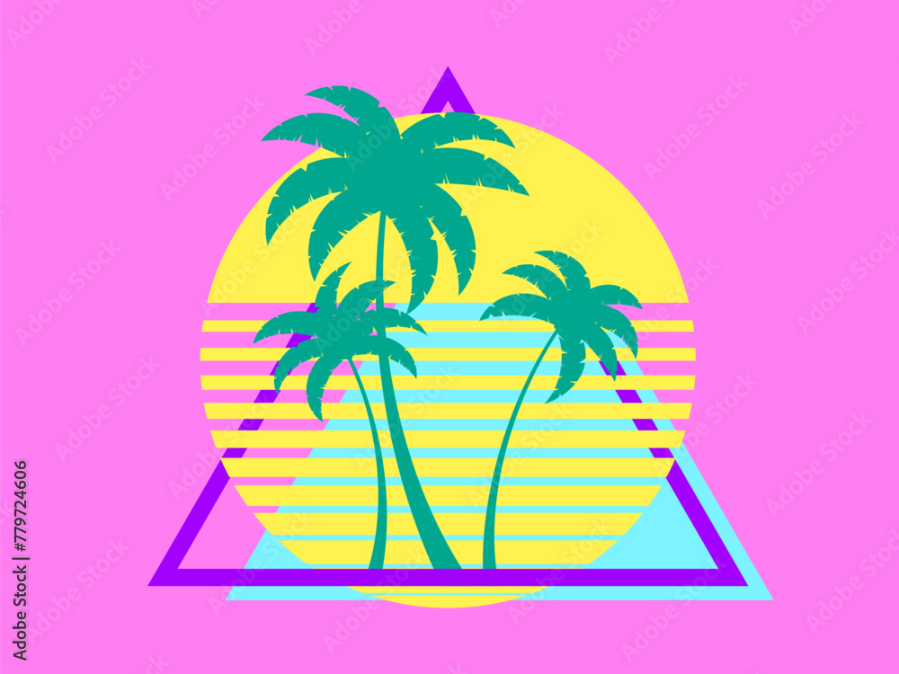 Retro futuristic sunset with palm trees and triangle in 80s style. Sci-fi palm trees at sunset in synthwave and retrowave style. Design for print, banners and posters. Vector illustration