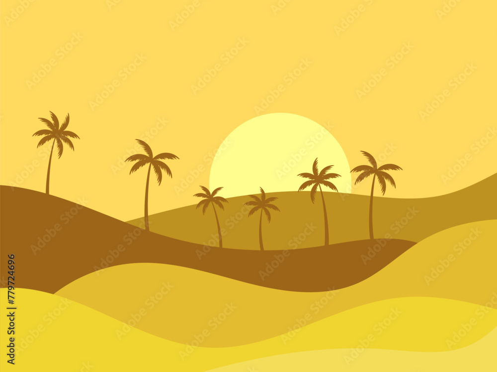 Desert landscape with palm trees and sand dunes. Silhouettes of palm trees at sunrise in the desert. Wavy landscape with sand dunes. Design for print, banners and posters. Vector illustration