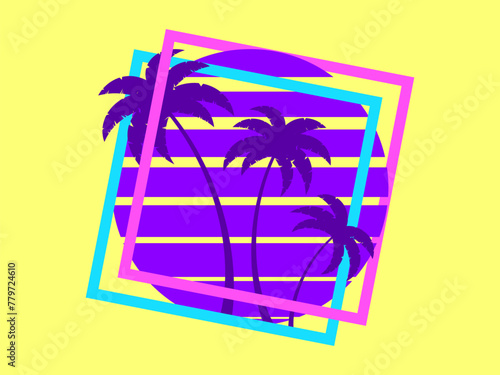 Retro sci-fi palm trees from the 80s at sunset in a square frame. Retro futuristic sun with palm trees. Synthwave and Retrowave style. Design of advertising banners and posters. Vector illustration