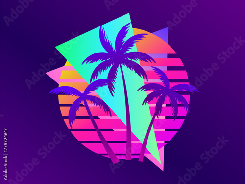 Retro futuristic sunset with palm trees and triangle in 80s style. Sci-fi palm trees at sunset in synthwave and retrowave style. Design for print, banners and posters. Vector illustration