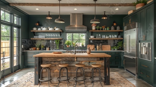This kitchen seamlessly blends modern design with a touch of rustic charm, thanks to the dark green walls that add a touch of depth and character.