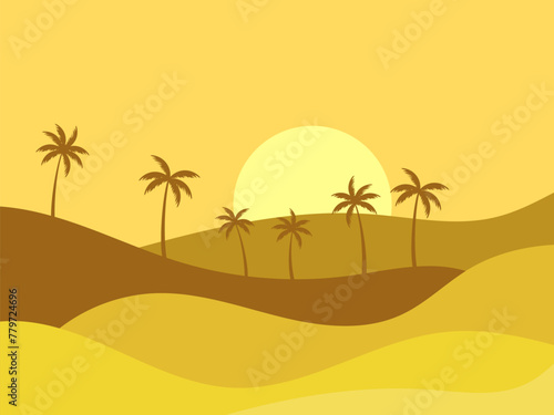 Desert landscape with palm trees and sand dunes. Silhouettes of palm trees at sunrise in the desert. Wavy landscape with sand dunes. Design for print  banners and posters. Vector illustration
