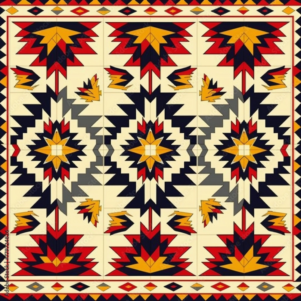 Vibrant Native American seamless tile pattern, ideal for creating impactful backgrounds and fabric designs with traditional flair Vibrant Native American seamless tile pattern, ideal for creating impactful backgrounds and fabric designs with traditional flair