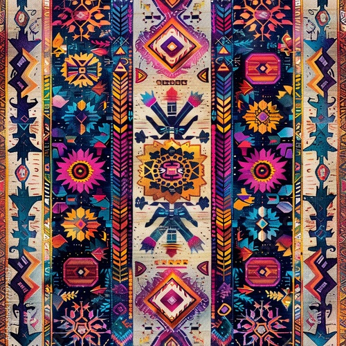 Vibrant Native Indian textile background, showcasing colorful tribal motifs and symbols in a detailed, handwoven look ar 43